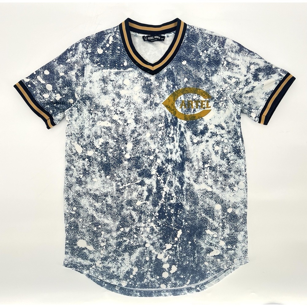 Rebel Minds Cartel Blue White Splatter Jersey Shirt Mens Medium Short Sleeve